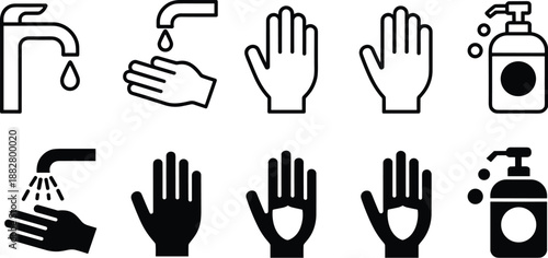 Hand Washing Hygiene Line Art Icon Set for Virus Prevention and Cleanliness Education handwashing with soap and water to prevent germs spread in healthcare medical illustrations for website infographi