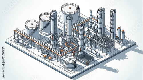 Industrial Chemical Plant Complex with Towers and Tanks.