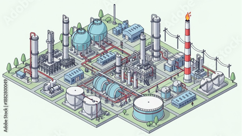 Industrial Chemical Plant Complex with Towers and Tanks.