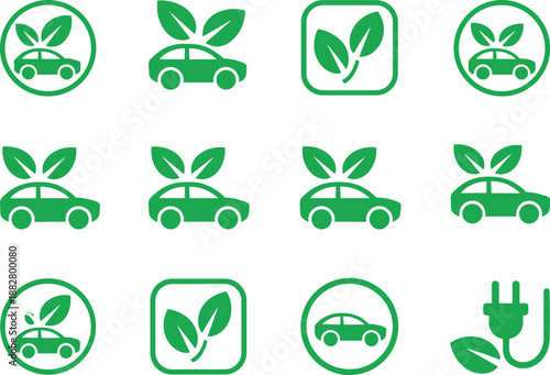 Eco friendly green car icon set vector illustration depicting electric vehicle and leaf concept for sustainable transport and environmental conservation in minimalist modern style for graphic design e