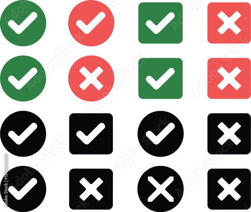 Checkmark Cross Icon Vector Set Approval Symbols in Green Positive Acceptance and Rejection Negative Decline Signs in Round and Square Shape Options for Web Design User Interface UX Design Element Fla