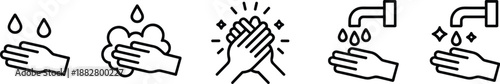 Washing hands with water and soap hygiene steps to prevent virus germs and bacteria spread healthcare sanitation procedure line art icons for medical campaigns personal hygiene awareness disease preve