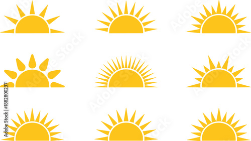Collection of Shining Sun Icons Vector Illustration Set Sunrise Symbols Graphic Elements Summer Season Sunshine Design Templates Weather Forecast Concepts Sunny Day Pictograms Backgrounds for Website