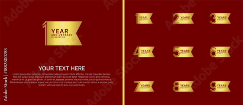anniversary logo set with ribbon shape. gold color on red background for celebration moment