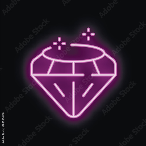 Neon diamond shining brightly in purple color on a black background