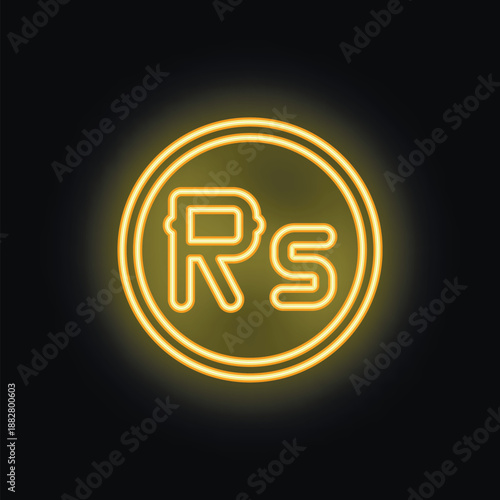 Glowing neon sign representing the pakistani rupee currency, on a dark background