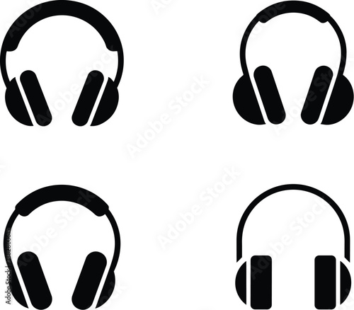 Collection of black headphone icons for listening to music podcasts or gaming minimalist vector illustration set for audio entertainment sound production dj studio equipment advertising streaming serv