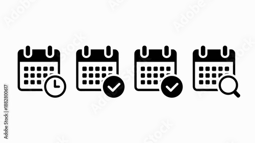 Black calendar vector icons for appointments scheduling events and reminders time management organization planning date searching in business project management and personal life modern minimalist fla