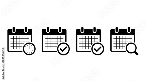 Calendar schedule planning management icons with clock checkmark and magnifying glass for appointment organization deadline project tracking event reminder corporate concept in modern simple style 200