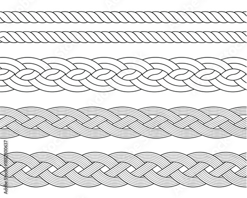 Detailed black and white rope border collection featuring nautical braided designs and intertwined patterns decorative seamless edging element perfect for vintage themed projects and marine industry a