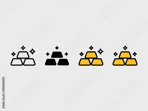 Shiny gold bars ingots stacked wealth asset icon set representing value and investment in graphic resource design for financial business banking and precious metals industry in modern minimalist style