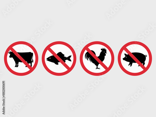 No Meat Animal Product Icons Set Vector Illustration for Vegan Diet Restriction and Food Allergy Information in Restaurant Menus and Retail Packaging Design for Dietary Needs and Healthy Lifestyle Cho