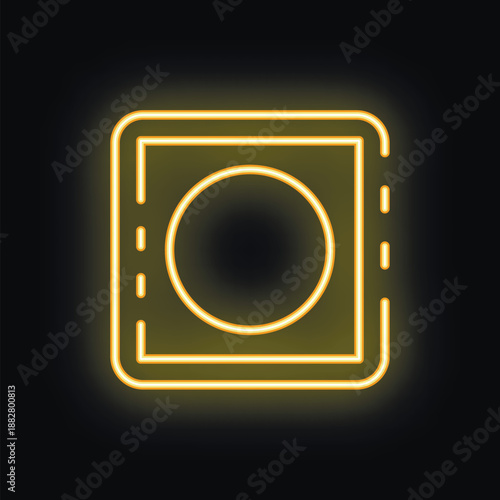 Yellow neon sign representing a condom in a square, on a black background