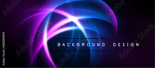 Abstract design features vibrant curves, glowing lines. Dark background emphasizes bright purple, blue hues. Text reads background design.