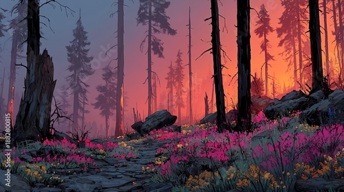 Beautiful forest regrowing after fire featuring colorful flowers and rocks illustrating nature's resilience