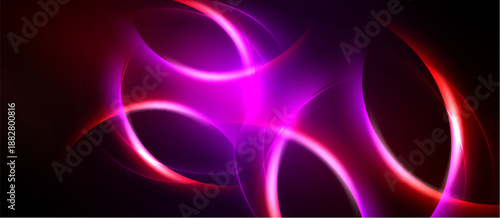 Abstract design features vibrant pink, red curves against dark background. Flowing shapes create dynamic, energetic visual effect.
