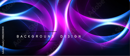 Abstract neon lines create dynamic swirling patterns. Vivid purple, blue hues dominate dark background. Modern design element.