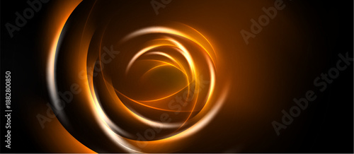 Abstract orange swirls dominate dark background. Concentric curves create dynamic visual effect. Warm tones suggest energy, motion.