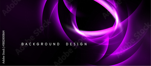 Abstract purple lines create dynamic flow, forming swirling shapes against dark background. Text reads background design.