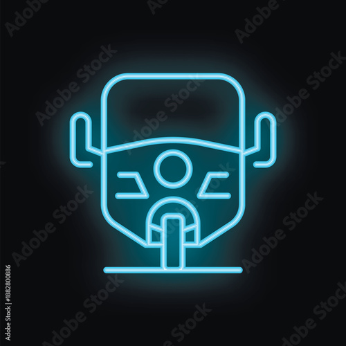 Blue neon sign depicting an auto rickshaw shining brightly against a black background