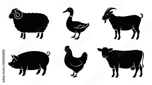 Black farm animals silhouettes vector illustration featuring sheep goat cow pig duck and chicken for agricultural designs livestock farming educational resources animal husbandry projects and rural th