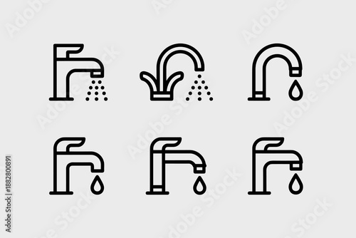Minimalist faucet with running water line icons set vector illustration for plumbing services bathroom kitchen fixture design brochure website graphic element fresh clean water concept modern tap coll