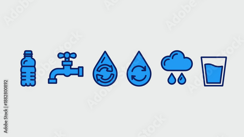 Blue water conservation icon set featuring faucet recycling drops rain cloud and glass for environmental protection sustainable living and resource management educational materials awareness campaigns