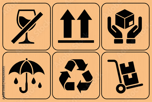 Fragile Package Handling and Shipping Instructions Icons on Cardboard Box Background Safe Delivery Guidelines and Precautions for Transportation Logistics and Supply Chain Management Sensitive Item Ca
