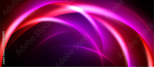 Abstract design features vibrant curves, glowing lines. Purple, pink, red hues dominate dark background. Dynamic, modern aesthetic.