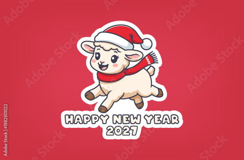 Vector cartoon holiday sticker. Cute running simple toon lamb, sheep or little goat wearing Santa hat and red scarf. Happy New Year 2027. Cheerful funny cuddly baby