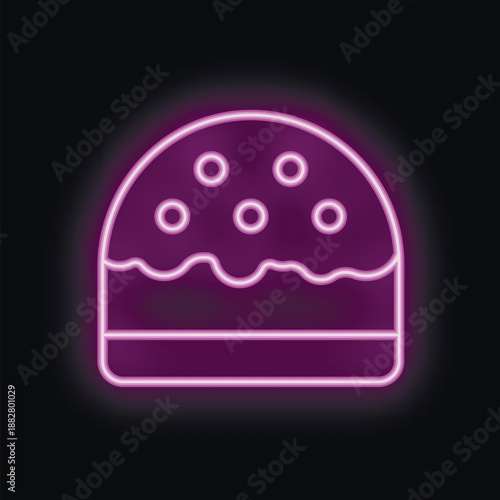 Neon sign of a round easter cake with icing and sprinkles glowing purple on a black background