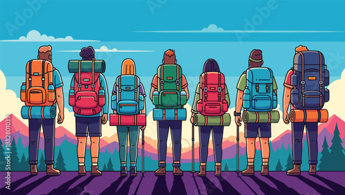 Diverse group of friends and adventurers with large backpacks standing together, viewed from behind, observing a breathtaking mountainous landscape during their hiking expedition.
