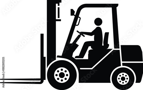 Forklift truck operator at work in warehouse factory industrial vehicle machine equipment black and white vector illustration for logistics construction delivery transport manufacturing supply chain o