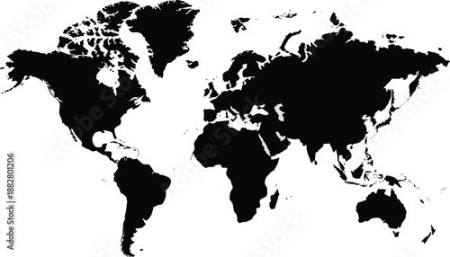 Detailed black world map illustration showing continents countries for geography education international business global studies travel planning marketing presentation website background graphic clean