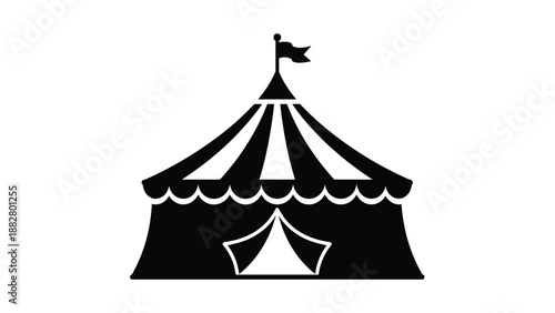 Iconic black silhouette of a classic circus tent, featuring distinctive stripes and a festive flag atop its peak, symbolizing entertainment and excitement.