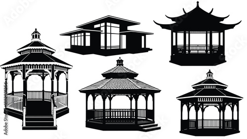 Striking collection of black silhouettes featuring five diverse gazebo designs and one contemporary modern house, highlighting architectural variety and form.