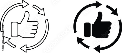 Thumbs up icon with rotating arrows symbolizing approval feedback loop continuous improvement customer satisfaction positive review user experience graphic design element for business marketing social