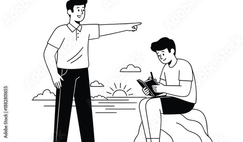 Two men outdoors one pointing other reading book on rock sunny landscape background