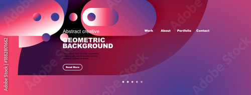 Modern website header design. Vibrant geometric shapes, purple gradients, text elements, navigation menu present. Clean, stylish presentation.