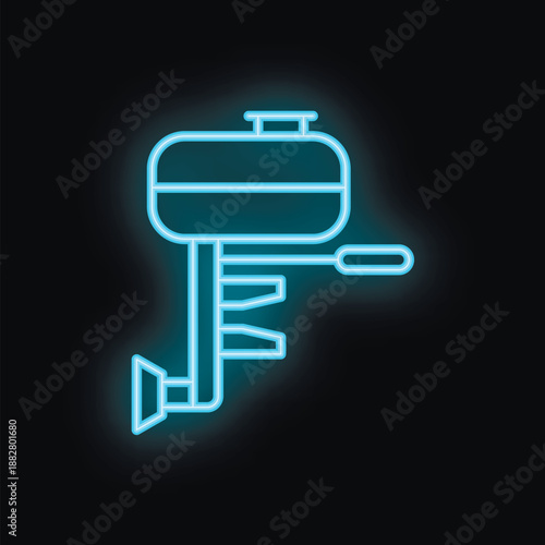 Blue neon sign outboard motor icon glowing on black background