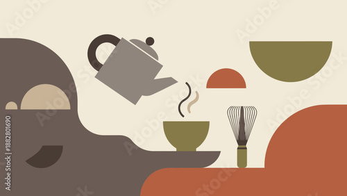 Abstract Tea Ceremony Illustration: Pouring Tea With Geometric Shapes and Minimalist Design
