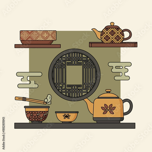 Artistic Asian Tea Ceremony Display: A Harmonious Arrangement of Traditional Elements
