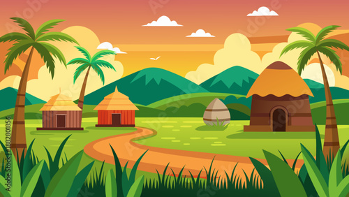 Village scene with palm trees and mountains Vector