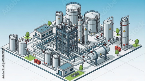 Industrial Chemical Plant Complex Isometric View.