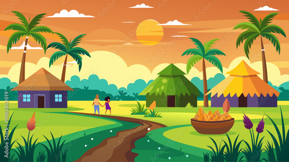 Obraz premium Tropical village sunset Vector