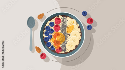 Aesthetic And Colorful Breakfast Bowl With Healthy Ingredients On Neutral Background