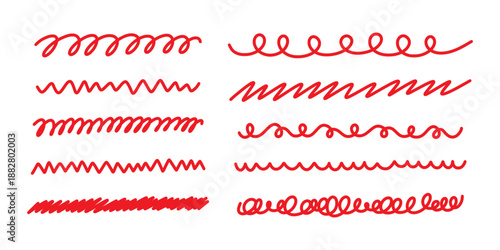 Collection of red hand drawn wavy lines, zigzags, and spiral strokes. Creative pen and marker scribbles for underlining and decorating. Different hand drawn lines for exam, test or education.