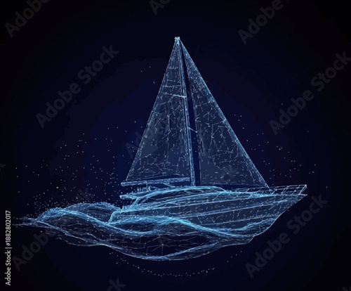 Digital 3D polygonal wireframe illustration of yacht sailing on ocean waves with abstract particles on dark blue background for travel and leisure concept