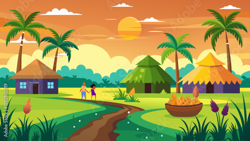 Tropical village sunset Vector