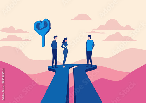Two paths with three business people standing at crossroads facing key shaped lock symbol representing decision making opportunity challenge and choice direction concept in flat vector style